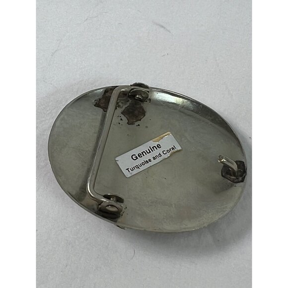 Vintage Turquoise & Coral Belt Buckle With Floral Design 2.75" Width Genuine Mat - Picture 3 of 4